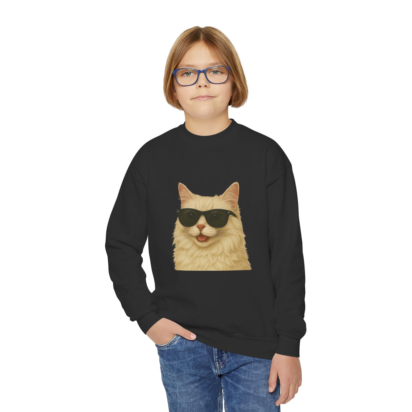 Cream Longhair Cat Wearing Sunglasses - Youth Crewneck Sweatshirt