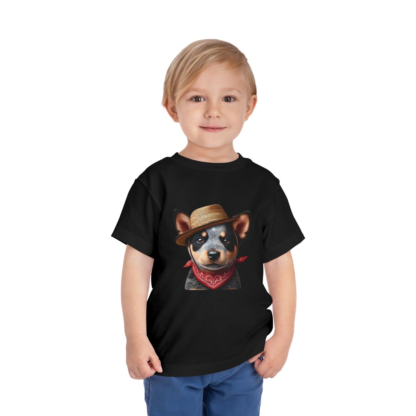 Cattle Dog Puppy Wearing Bandana & Straw Hat Toddler Tee - Too Cute Pets