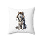 Husky Wearing a Fur Hunter Hat - Throw Pillow