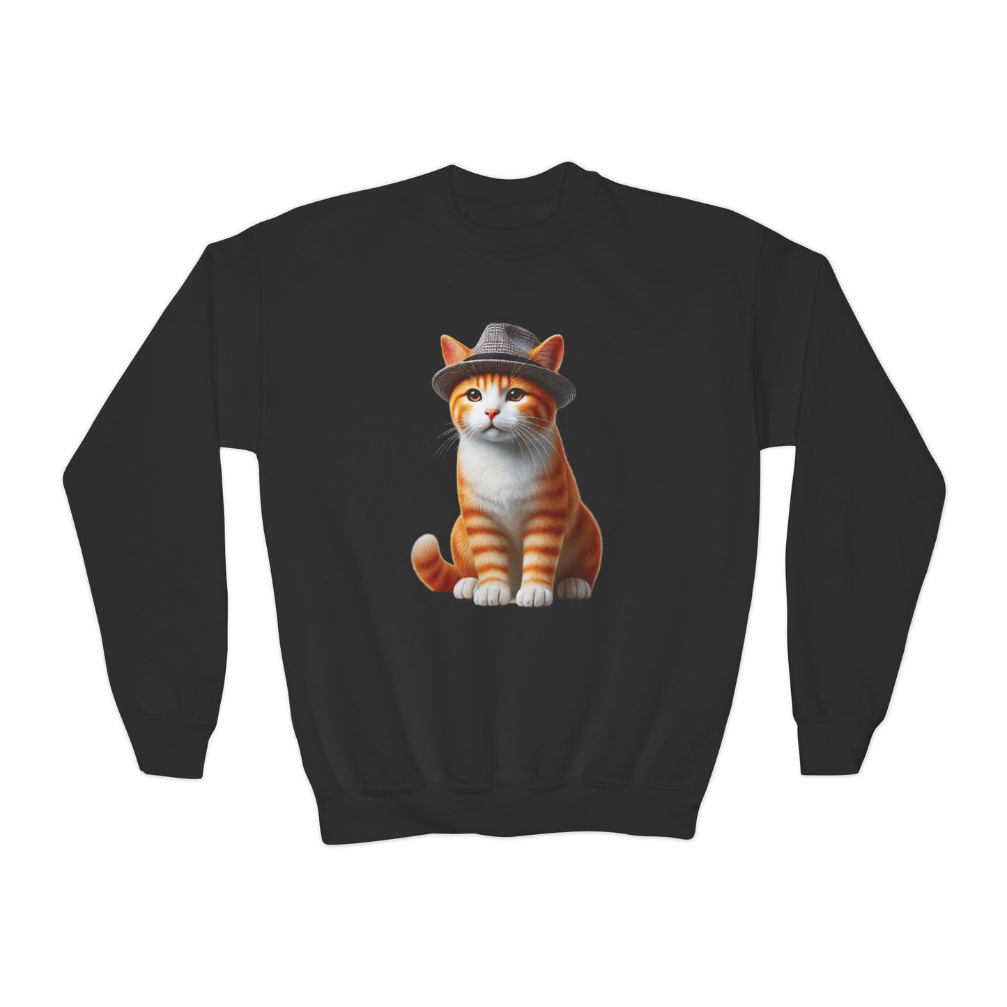Tabby Kitten With Fedora Hat- Youth Crewneck Sweatshirt - Too Cute Pets