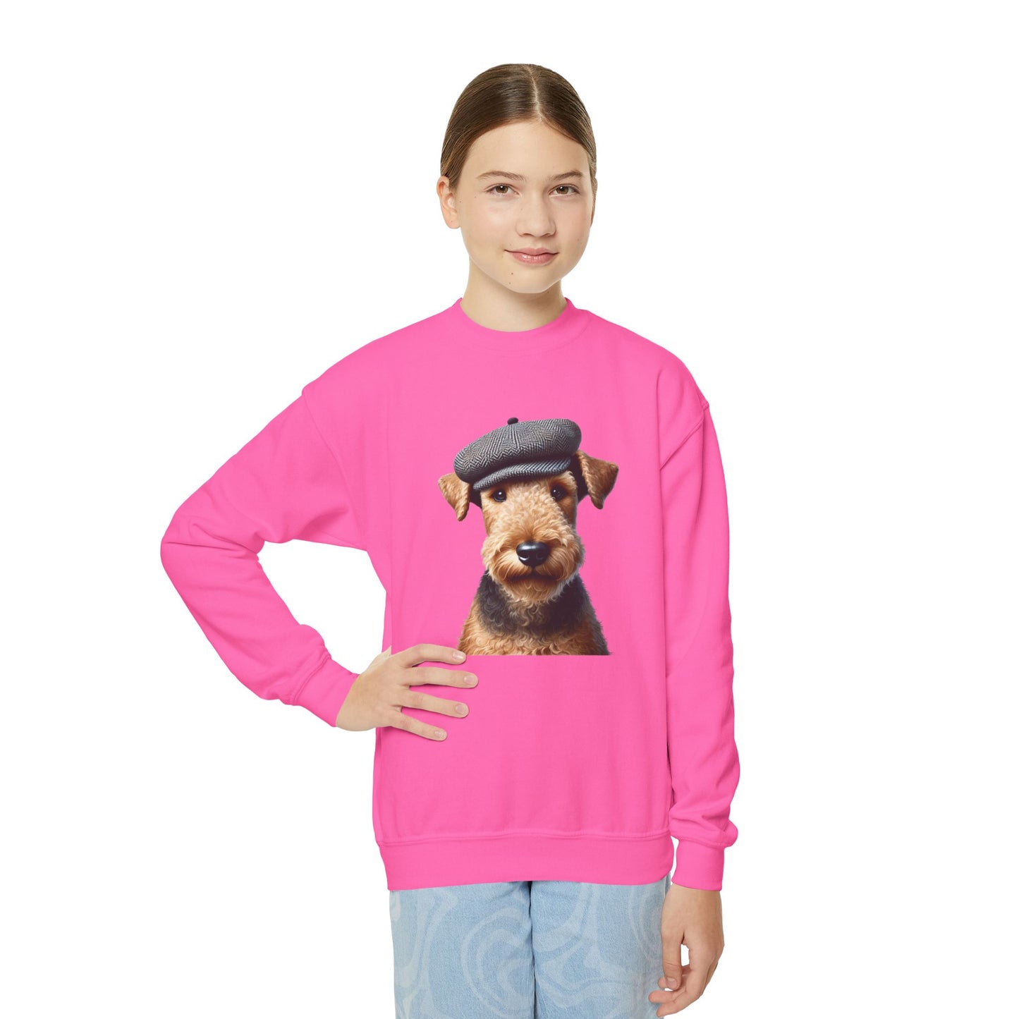 Aerdale Terrier Wearing Tweed Flat Cap- Youth Crewneck Sweatshirt - Too Cute Pets