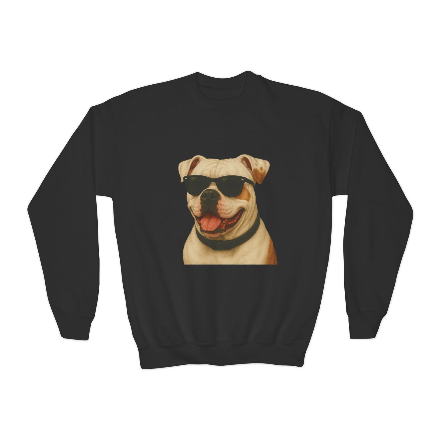 American Bulldog Portrait Youth Crewneck Sweatshirt with Sunglasses Design