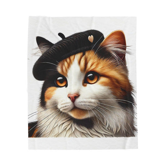 Calico Cat Wearing a Beret - Sherpa Blanket