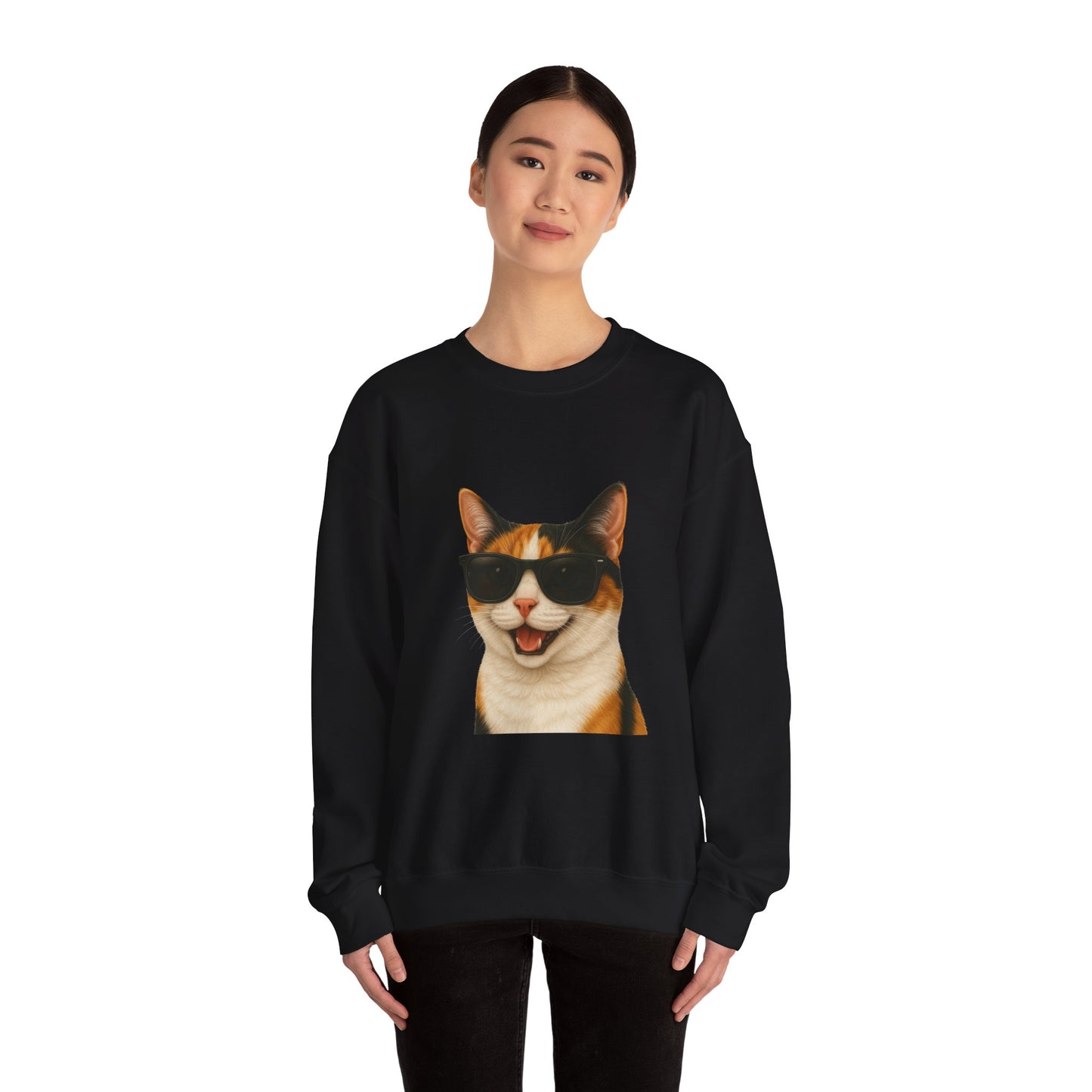 Calico Shorthair Cat Wearing Sunglasses - Adult Crewneck Sweatshirt