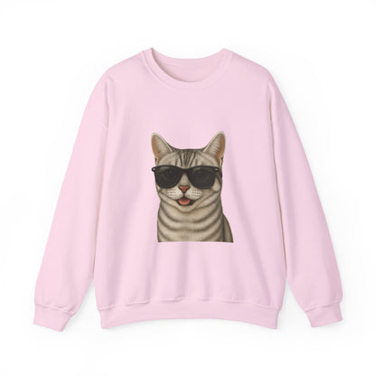 American Shorthair Silver Tabby Wearing Sunglasses - Adult Crewneck Sweatshirt