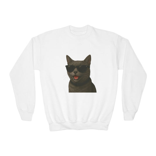 Gray Domestic Shorthaired Cat Wearing Sunglasses - Youth Sweatshirt
