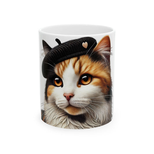 Calico Cat Wearing a Beret - Ceramic Mug