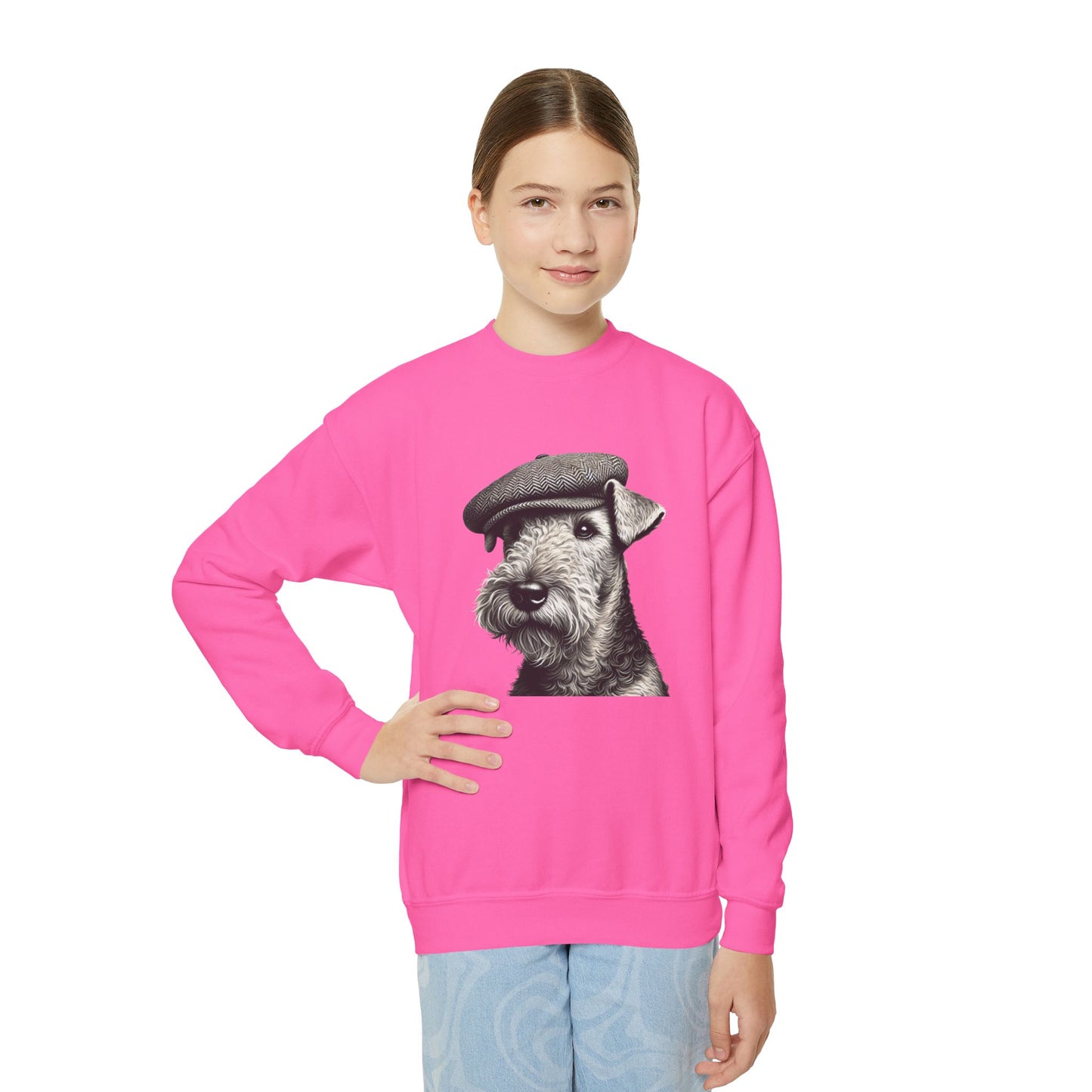Airedale Terrier Wearing Tweed Flat Cap (Black & White) Youth Crewneck Sweatshirt - Too Cute Pets