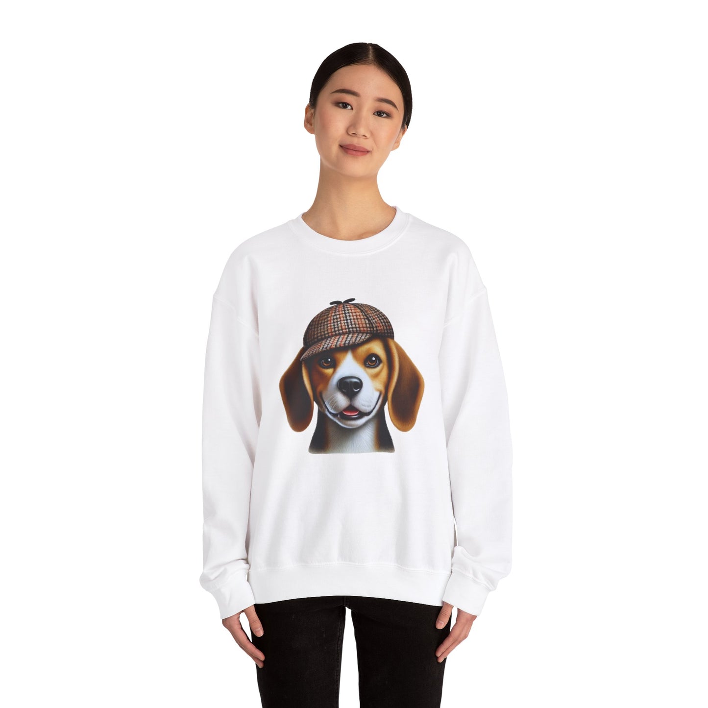 Smiling Beagle Wearing Deerstalker Hat - Adult Crewneck Sweatshirt - Too Cute Pets