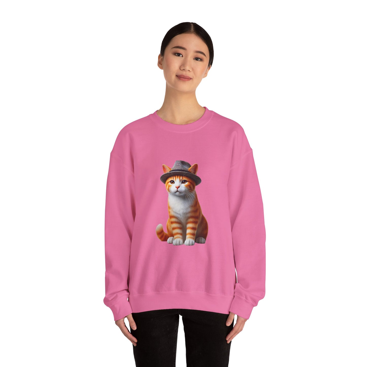 Cool Tabby Kitten Wearing Fedora Hat - Adult Crewneck Sweatshirt - Too Cute Pets