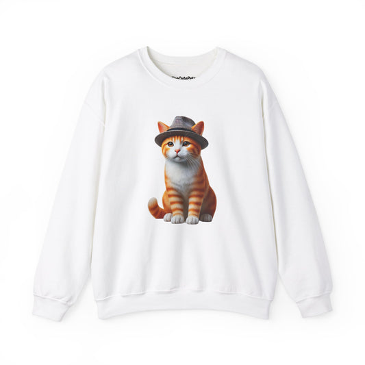 Cool Tabby Kitten Wearing Fedora Hat - Adult Crewneck Sweatshirt - Too Cute Pets