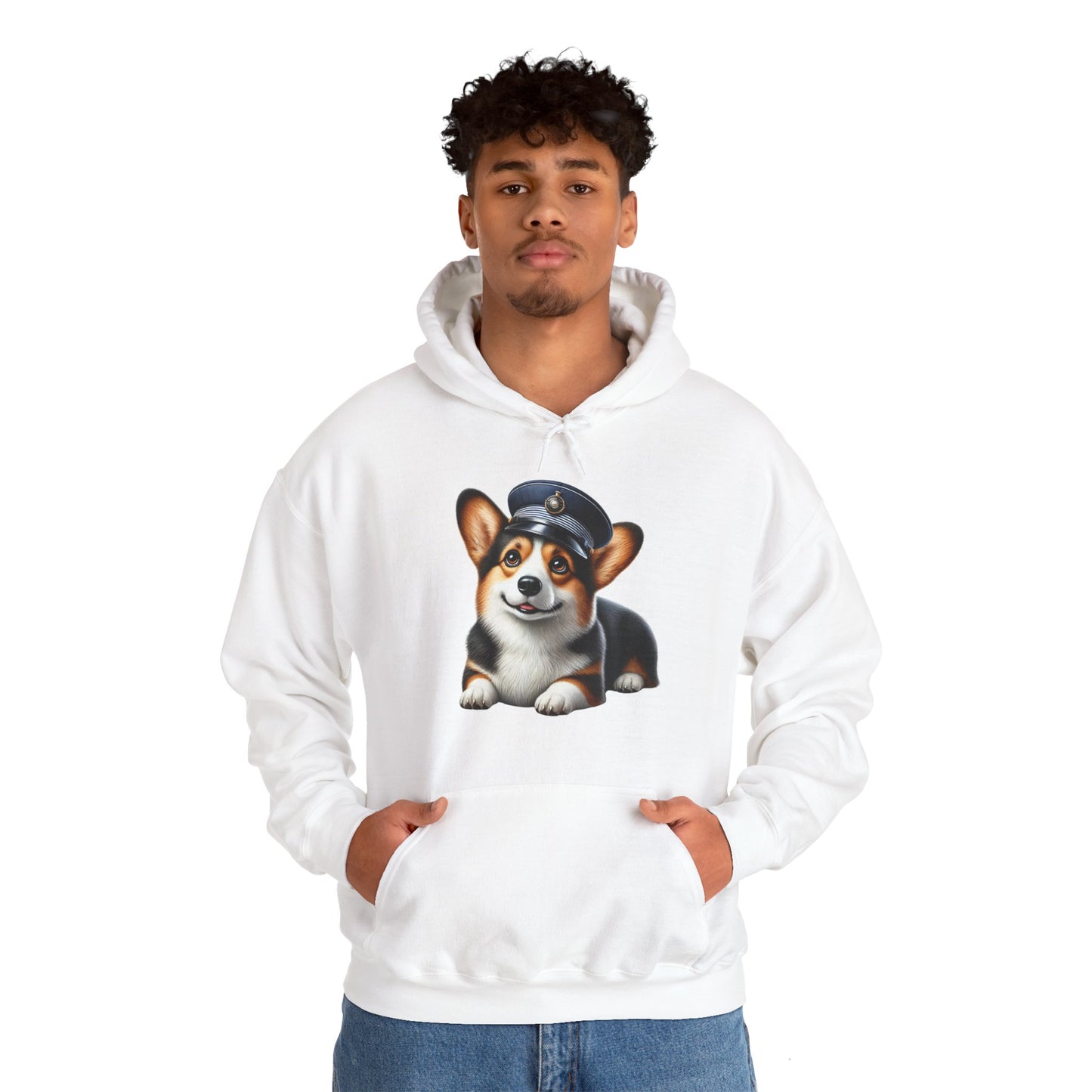 Cute Corgi Wearing A Train Conductors Hat - Adult Hoodie - Too Cute Pets