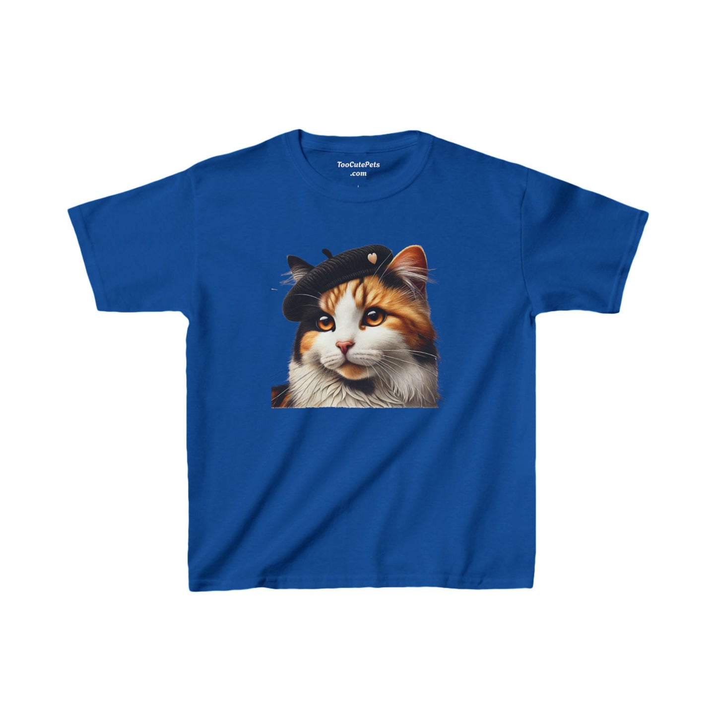 Calico Cat Wearing  a Heart Beret Youth T-Shirt - Too Cute Pets