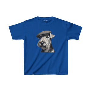 Aerdale Terrier Wearing Tweed Flat Cap (Black & White)-  Youth T-Shirt  - Too Cute Pets