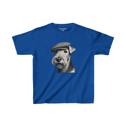 Aerdale Terrier Wearing Tweed Flat Cap (Black & White)-  Youth T-Shirt  - Too Cute Pets