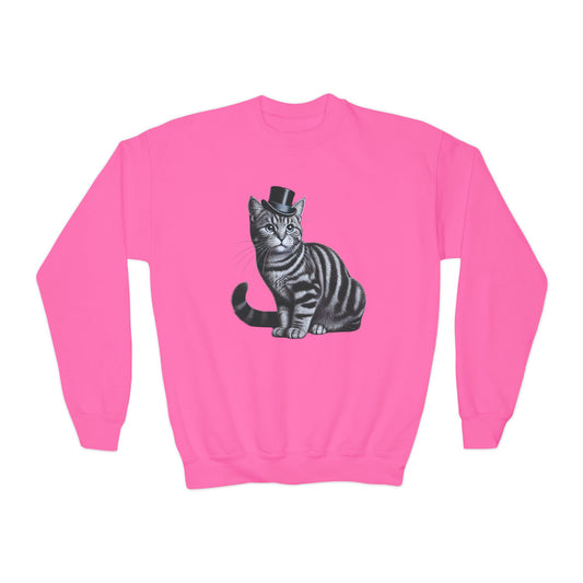 Tabby Wearing Top Hat Youth Sweatshirt (Black & White Image) - Too Cute Pets
