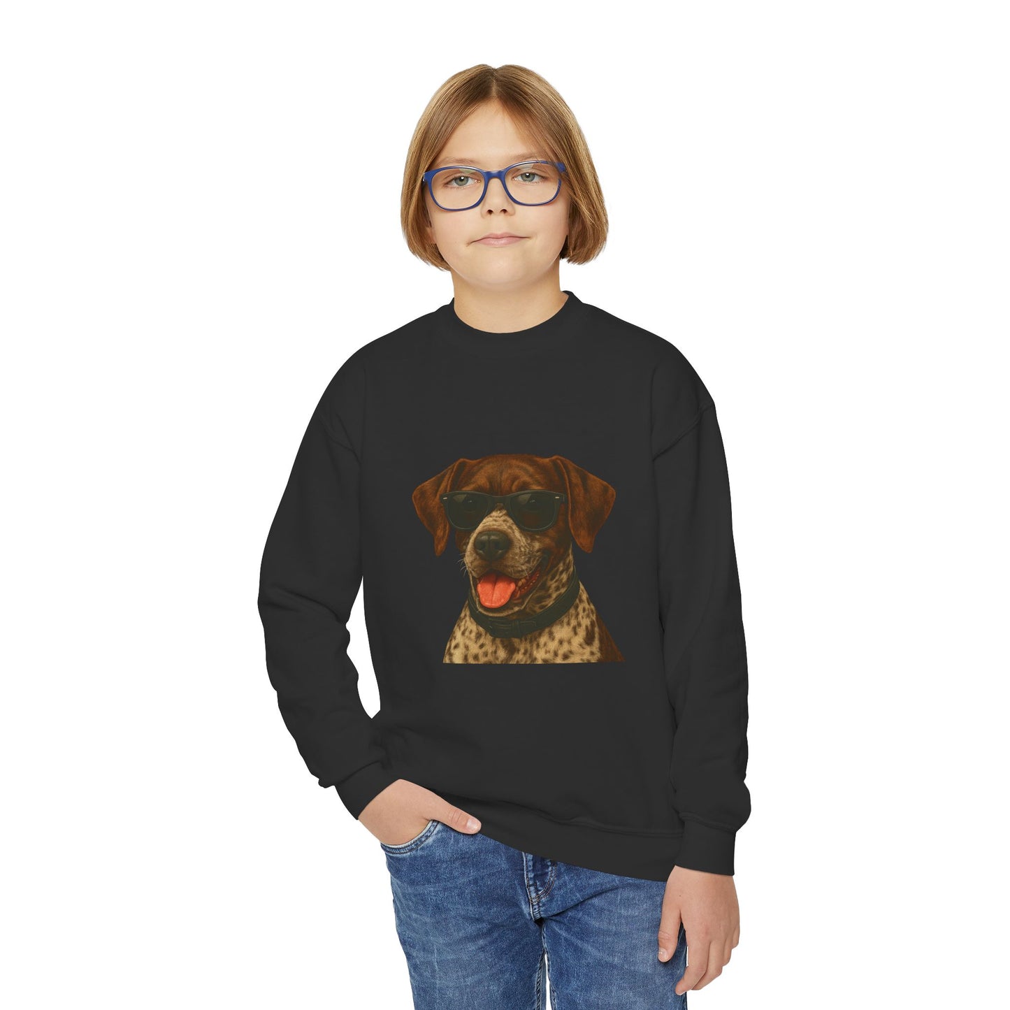 German Shorthaired Pointer Wearing Sunglasses - Youth Crewneck Sweatshirt