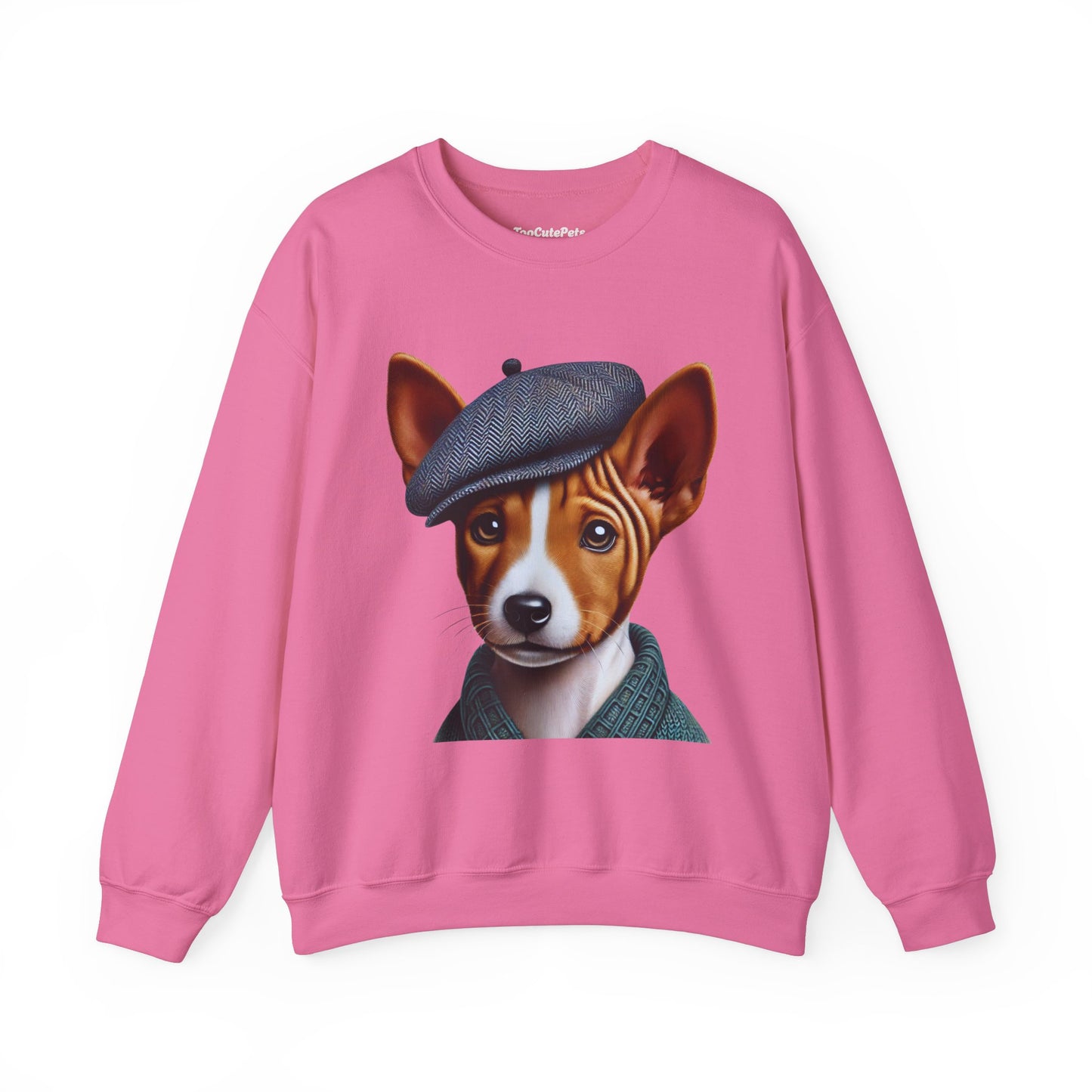 Cute Basenji Pup Wearing Tweed Flat Cap- Adult Crewneck Sweatshirt - Too Cute Pets