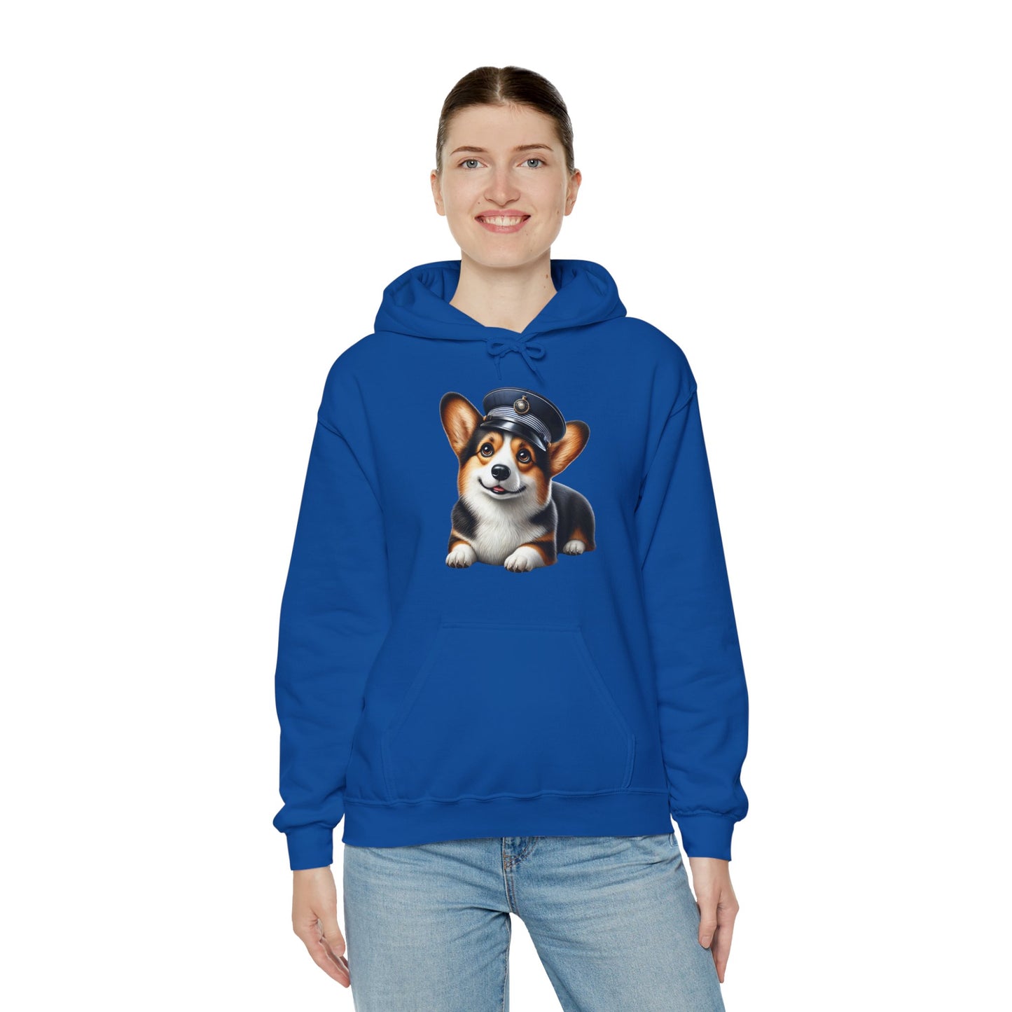 Cute Corgi Wearing A Train Conductors Hat - Adult Hoodie - Too Cute Pets