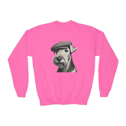 Aerdale Terrier Wearing Tweed Flat Cap (Black & White) Youth Crewneck Sweatshirt - Too Cute Pets