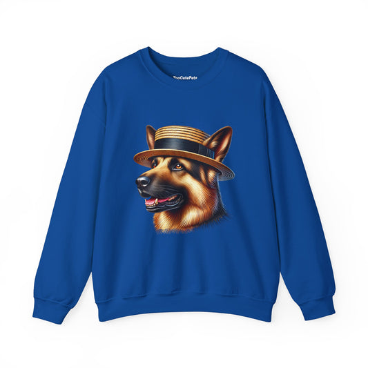 German Shepherd Wearing Boater Hat - Adult Crewneck Sweatshirt - Too Cute Pets