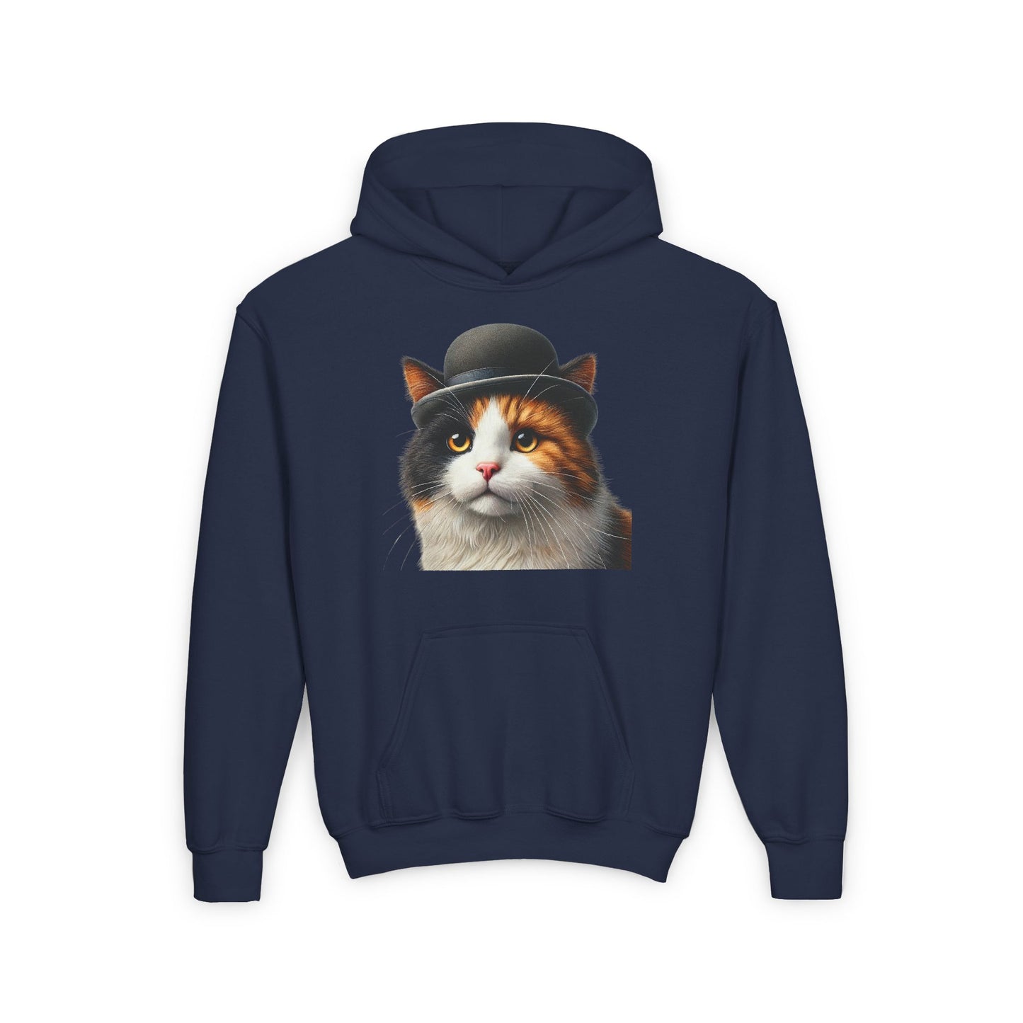 Calico Cat Wearing A Bowler Hat - Youth Hoodie - Too Cute Pets