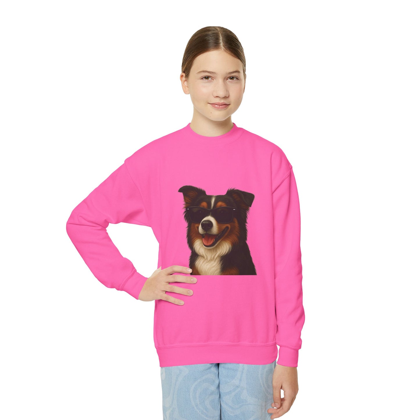 Australian Shepherd Dog Portrait Youth Crewneck Sweatshirt with Sunglasses Design