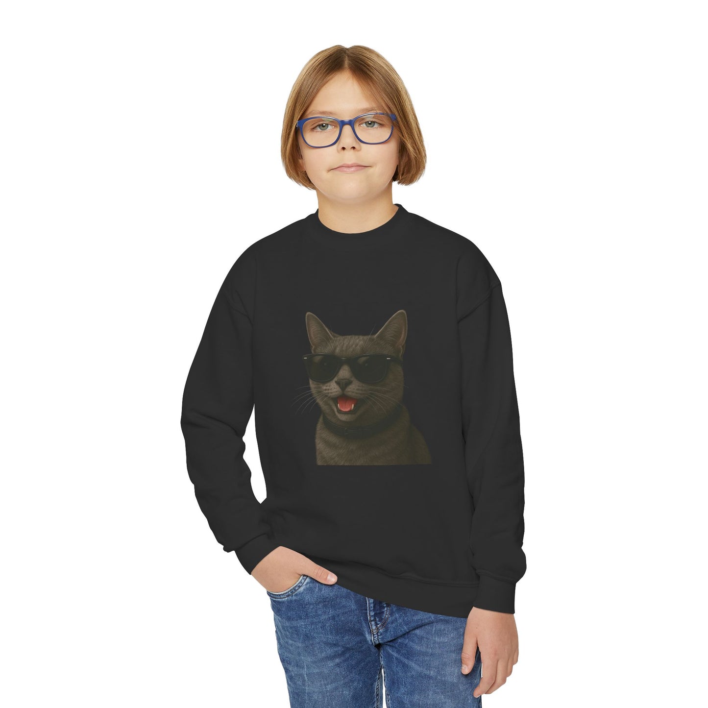 Gray Domestic Shorthaired Cat Wearing Sunglasses - Youth Sweatshirt