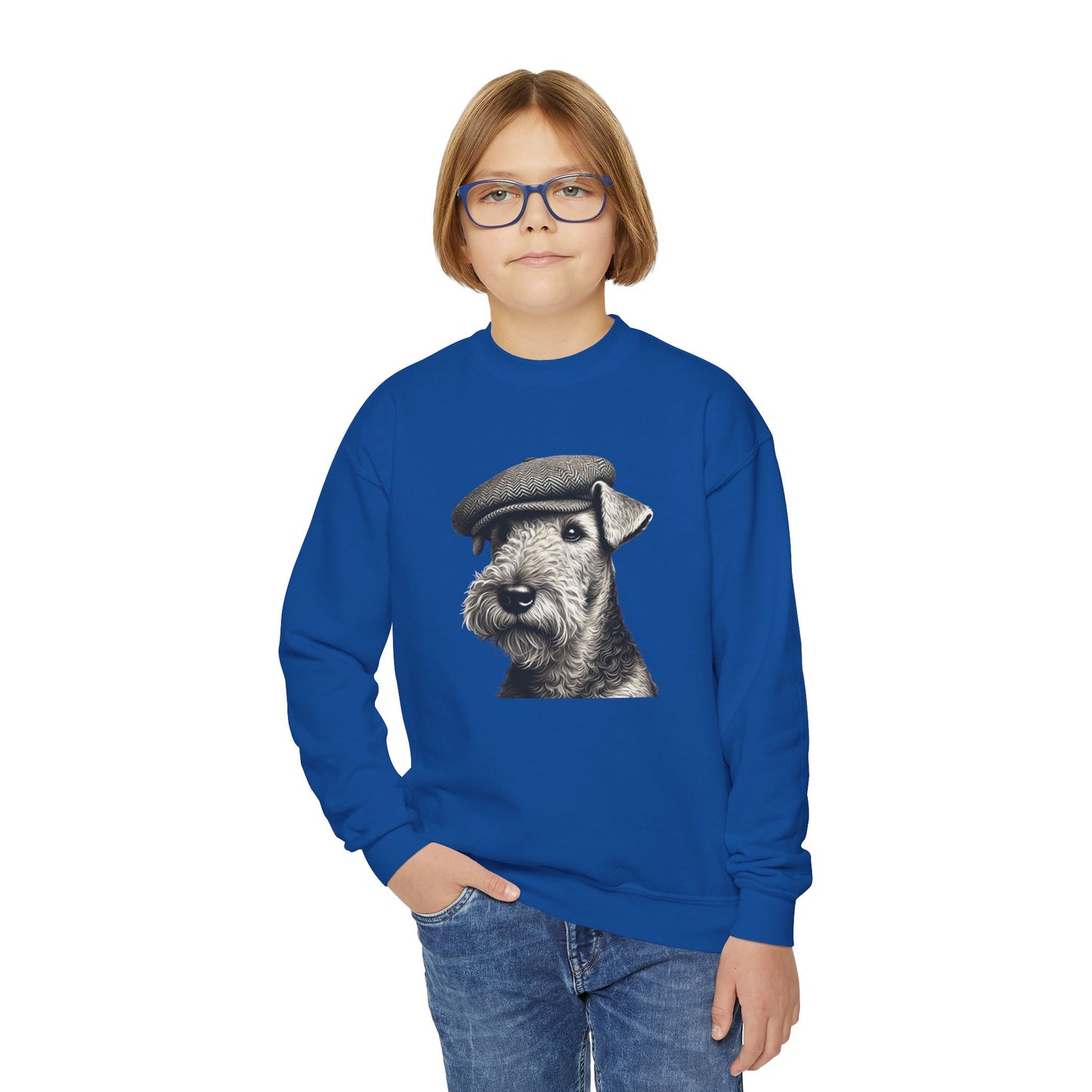 Aerdale Terrier Wearing Tweed Flat Cap (Black & White) Youth Crewneck Sweatshirt - Too Cute Pets