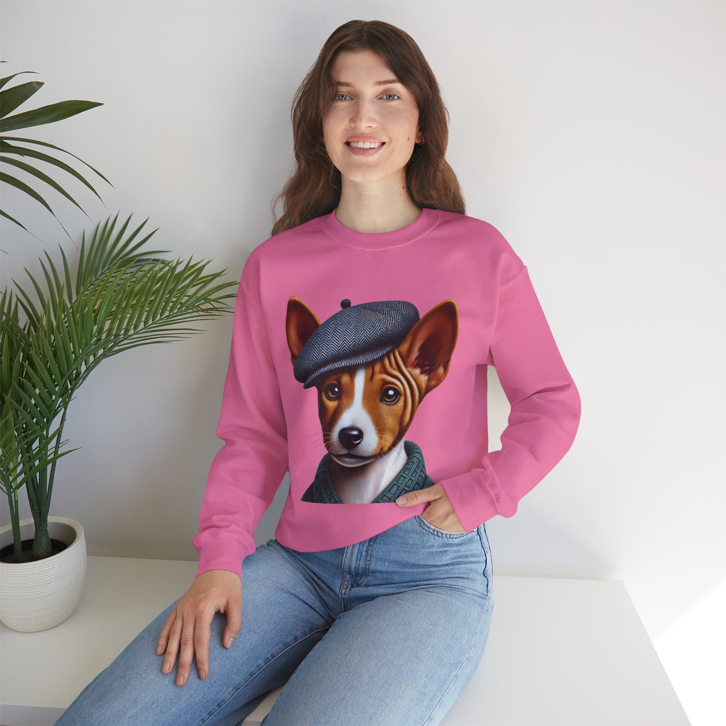 Cute Basenji Pup Wearing Tweed Flat Cap- Adult Crewneck Sweatshirt - Too Cute Pets