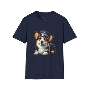 Cute Corgi Wearing A Train Conductors Hat -  Adult T-Shirt - Too Cute Pets