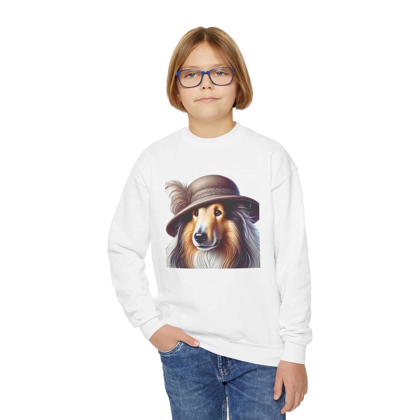 Collie In Cloche Hat- Youth Crewneck Sweatshirt - Too Cute Pets