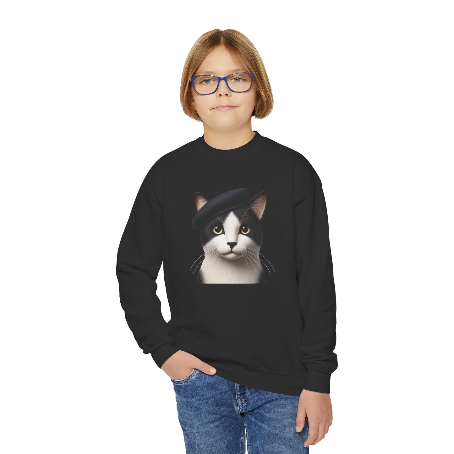 Tuxedo Cat Wearing A Beret - Youth Crewneck Sweatshirt - Too Cute Pets