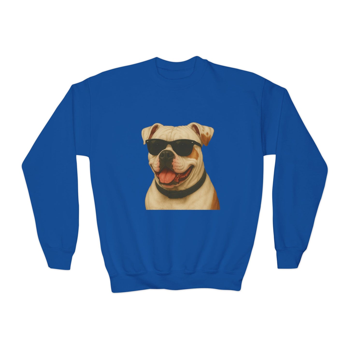 American Bulldog Portrait Youth Crewneck Sweatshirt with Sunglasses Design