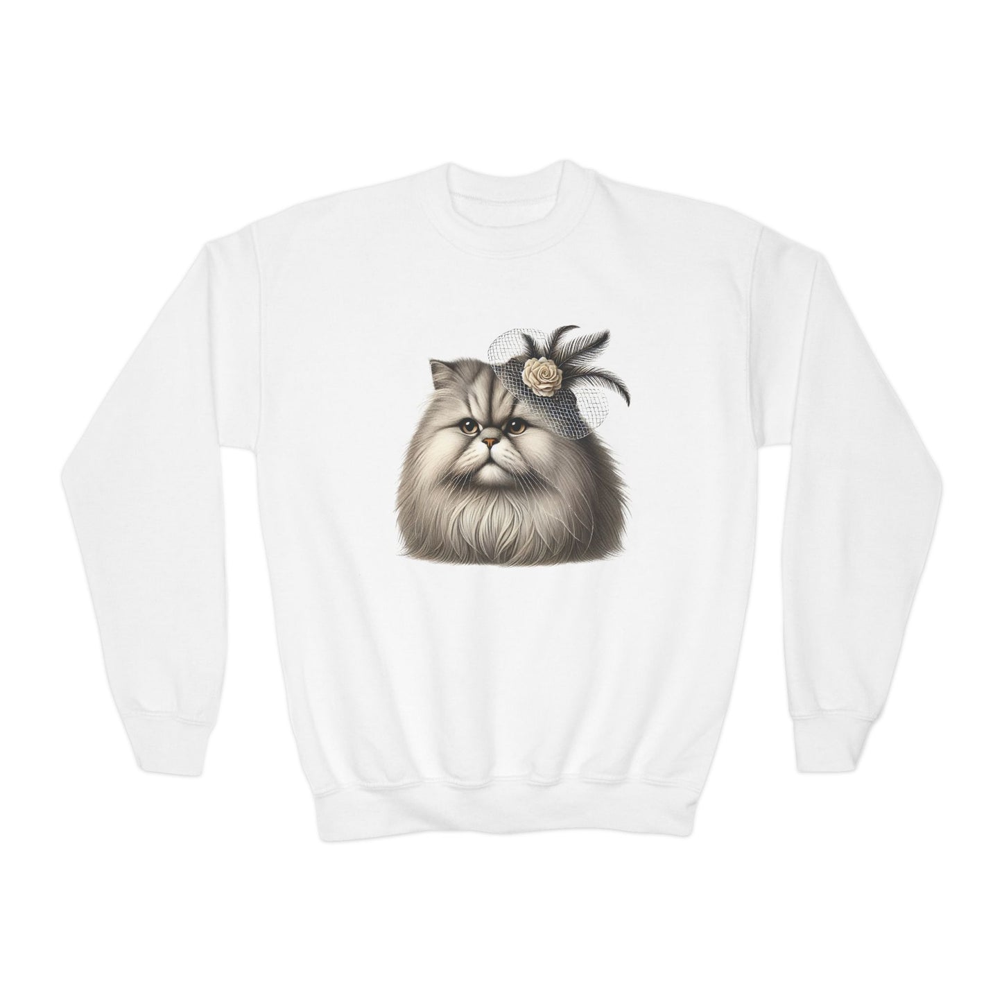 Persian Cat Wearing Fascinator Hat - Youth Crewneck Sweatshirt - Too Cute Pets