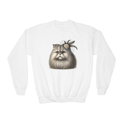 Persian Cat Wearing Fascinator Hat - Youth Crewneck Sweatshirt - Too Cute Pets