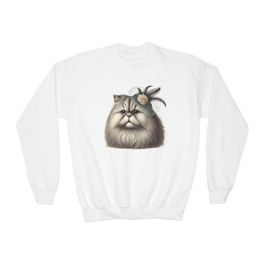 Persian Cat Wearing Fascinator Hat - Youth Crewneck Sweatshirt - Too Cute Pets