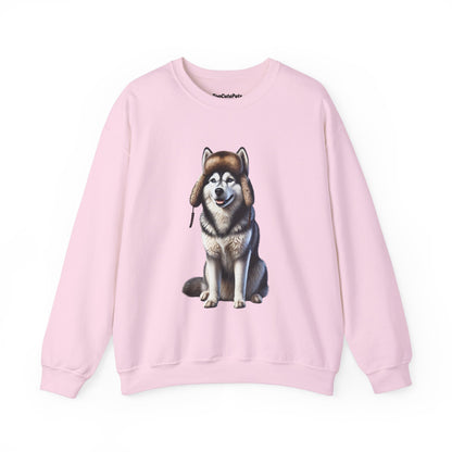 Husky in Fur Trappers Hat - Adult Crewneck Sweatshirt - Too Cute Pets