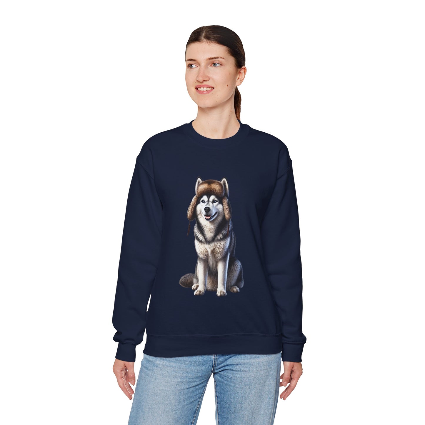 Husky in Fur Trappers Hat - Adult Crewneck Sweatshirt - Too Cute Pets