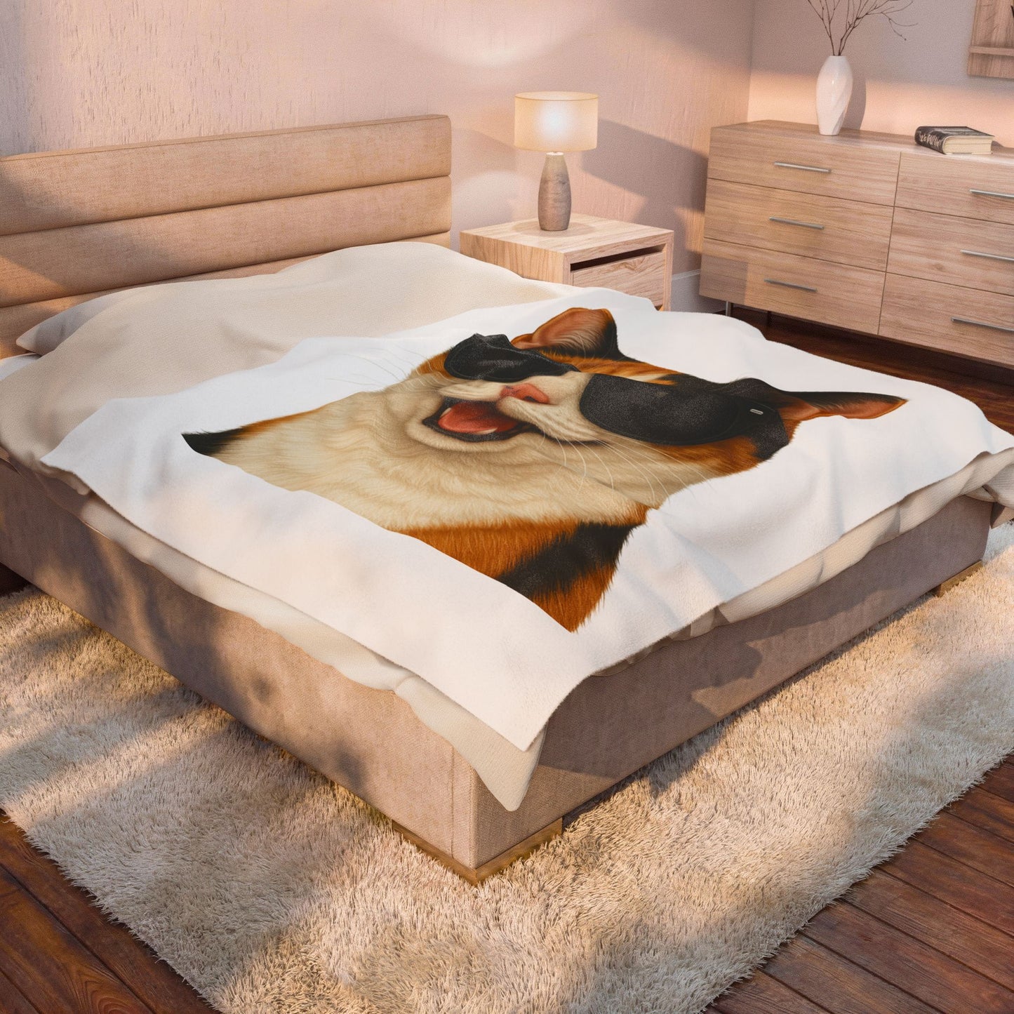 Calico Shorthair Cat Wearing Sunglasses - Sherpa Blanket