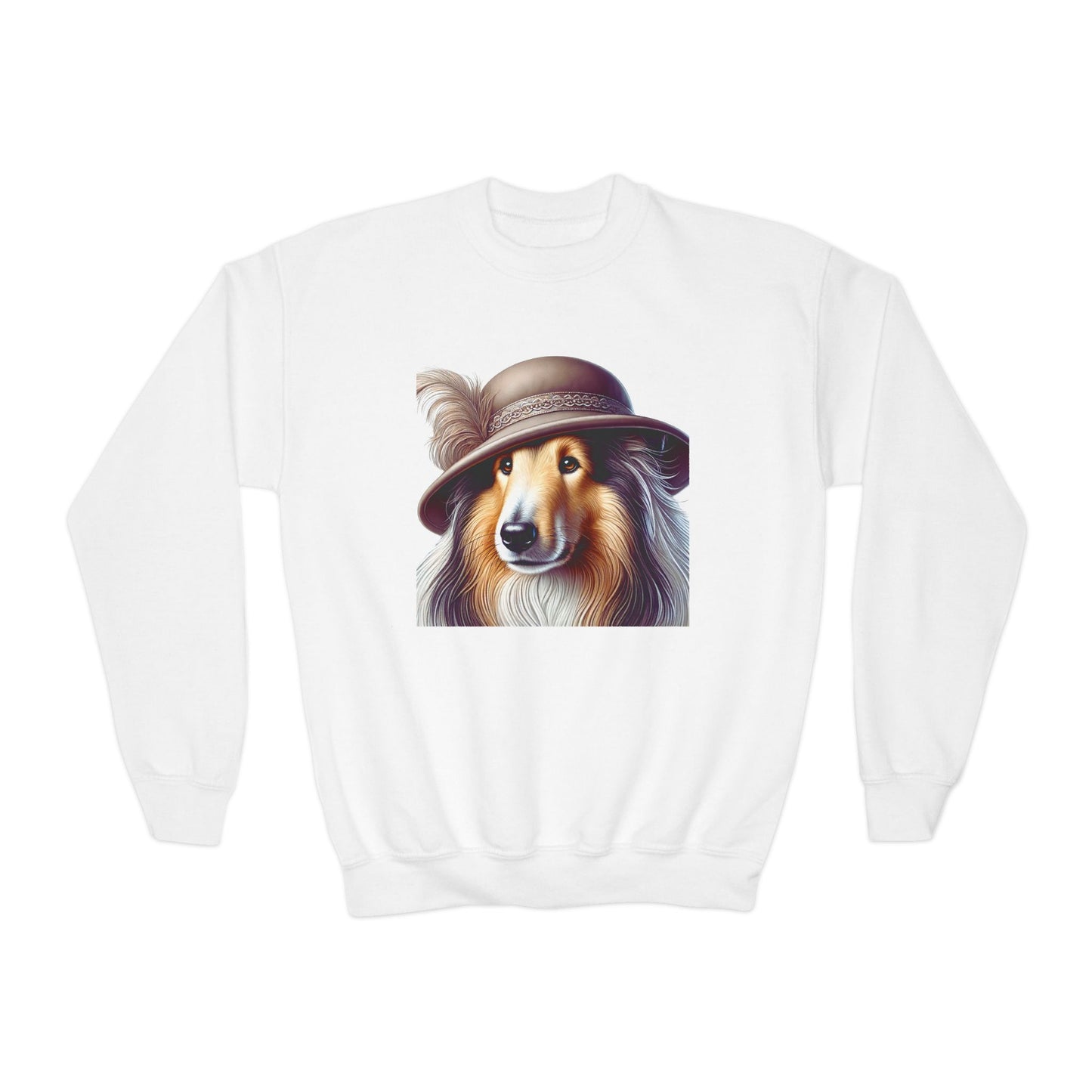 Collie In Cloche Hat- Youth Crewneck Sweatshirt - Too Cute Pets