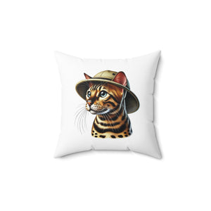 Bengal Cat Wearing a Safari Hat - Throw Pillow