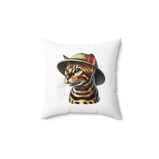 Bengal Cat Wearing a Safari Hat - Throw Pillow