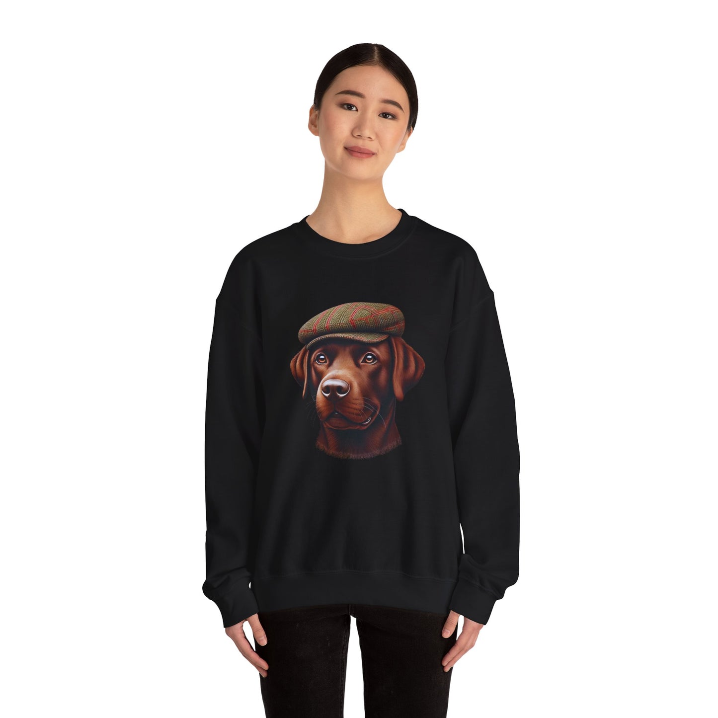 Brown Labrador Wearing Tweed Flat Cap- Adult Crewneck Sweatshirt - Too Cute Pets