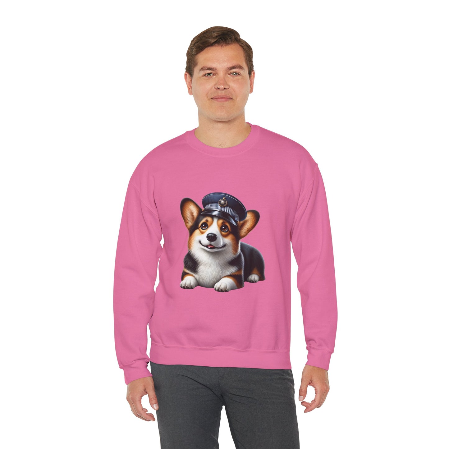 Cute Corgi Wearing A Train Conductors Hat- Adult Crewneck Sweatshirt - Too Cute Pets