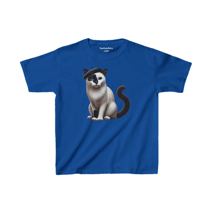 Black and White Cat Wearing Beret Youth T-Shirt  - Too Cute Pets