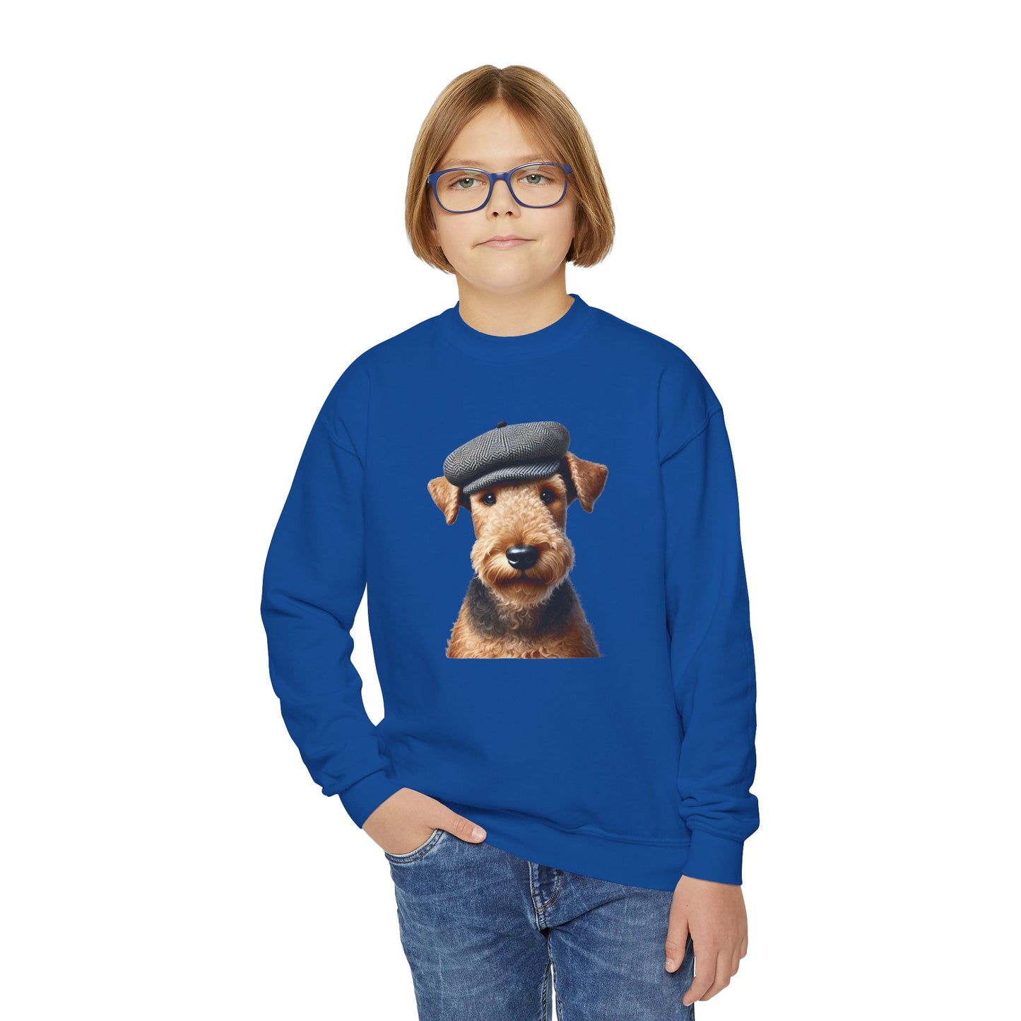 Aerdale Terrier Wearing Tweed Flat Cap- Youth Crewneck Sweatshirt - Too Cute Pets