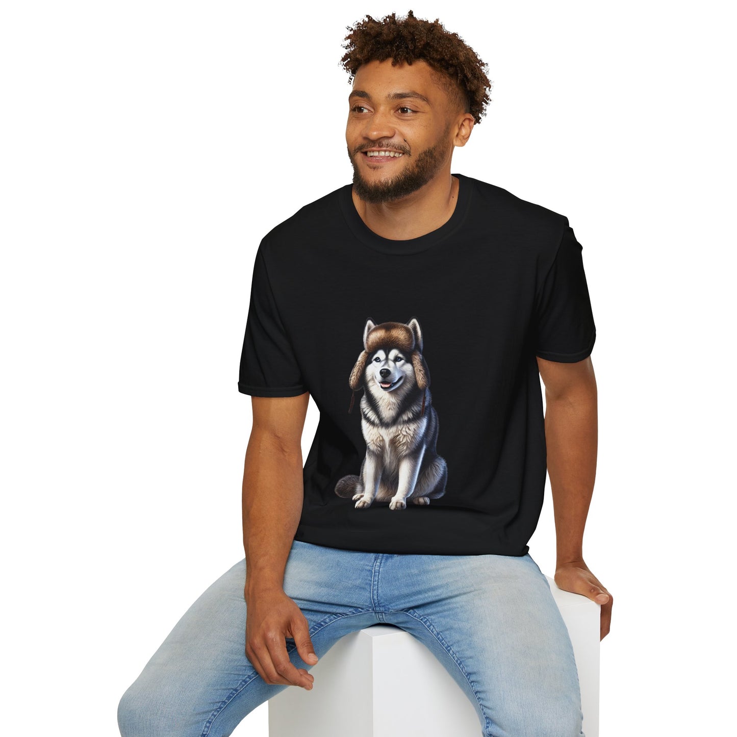 Husky Wearing A Fur Trappers hat- Adult T-Shirt - Too Cute Pets