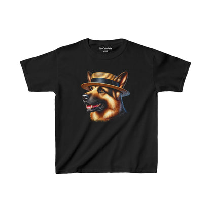 German Shepherd Wearing Boater Hat Youth T-Shirt - Too Cute Pets