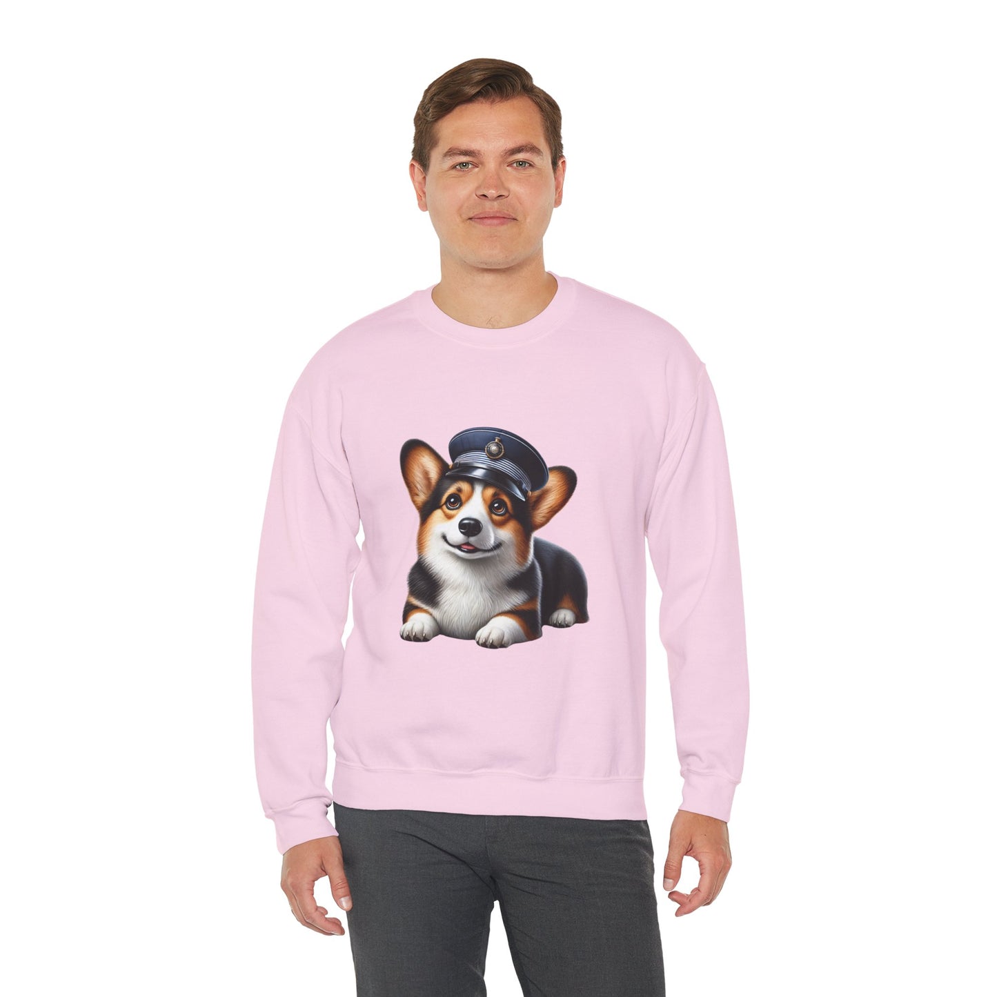 Cute Corgi Wearing A Train Conductors Hat- Adult Crewneck Sweatshirt - Too Cute Pets